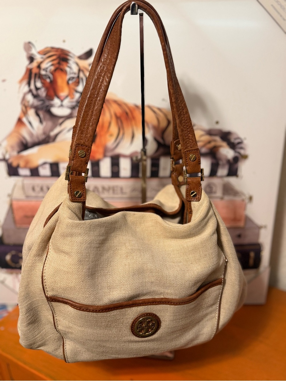 Tory Burch Cream Linen/Canvas Hobo with Brown Leather Trim